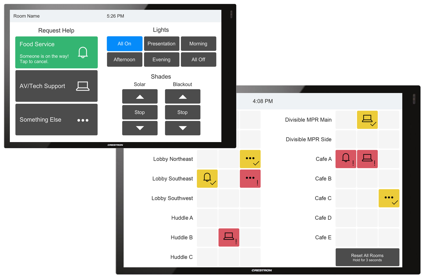 Images of a small and large touchpanel showing buttons and alerts.