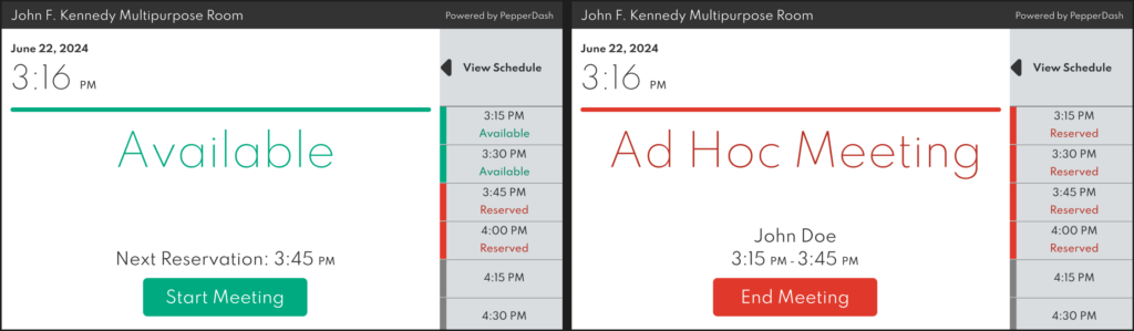 2 images of a touchpanel - one showing the room is available, the other showing a booked meeting.